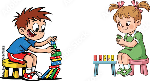 Children playing with colorful blocks, kids stacking tower, counting numbers, educational toy, creative play, learning activity, childhood fun, imagination, teamwork