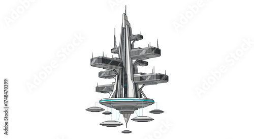 Futuristic Silver Skyscraper with Multiple Platforms and Flying Saucers.