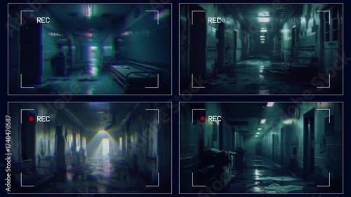 CCTV with recording. Camera surveillance of creepy corridor. Glitch and creepy ambiance. VHS retro film effect. Horror and mystery loop animation video.