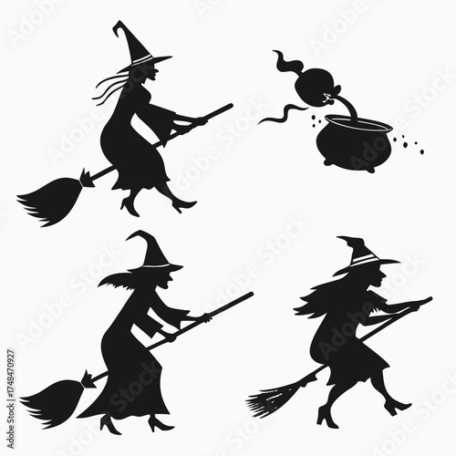 Four black silhouette vector designs of witches on brooms