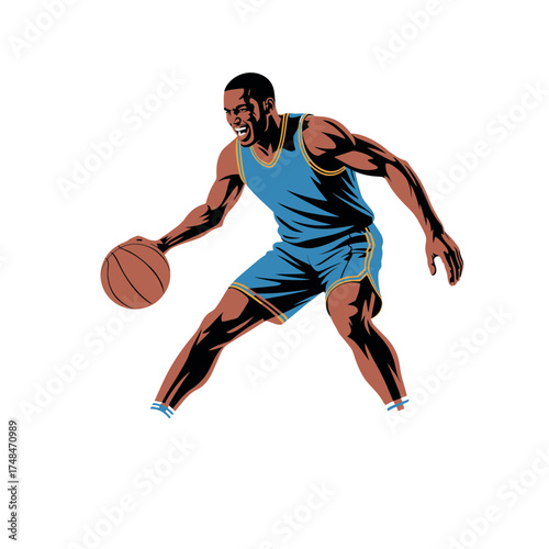 Basketball player dribbling the ball with energetic body posture