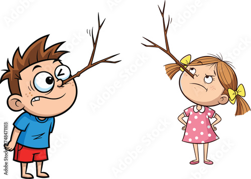 Children with long noses, Pinocchio cartoon style, lying concept, dishonesty theme, childhood lesson, funny illustration, imagination, guilt expression, playful moral story