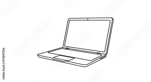 Minimalist Black and White Line Drawing of an Open Laptop Computer.