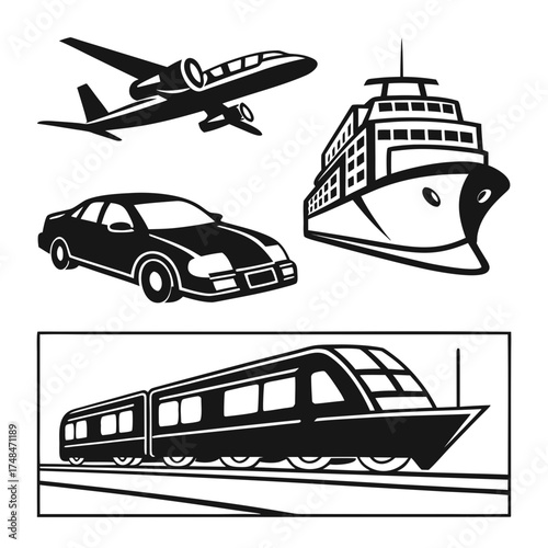 Black silhouette vector designs of airplane car ship and train