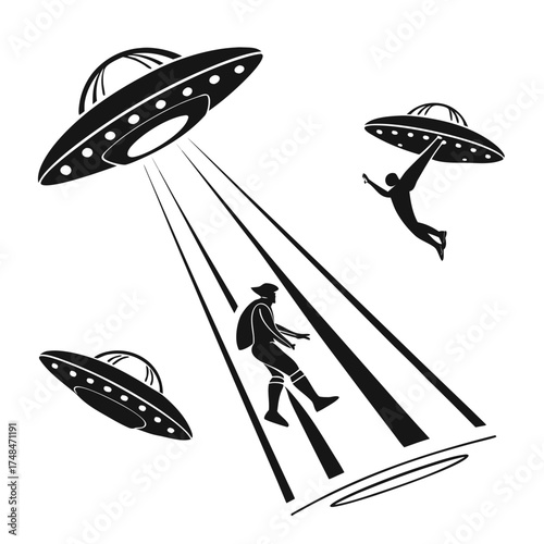 Black silhouette ufos abducting people with light beams