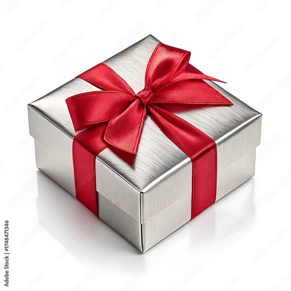 Obraz premium Elegant silver gift box with red ribbon bow celebrate any occasion