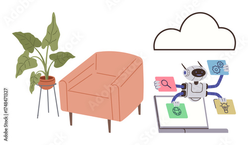 Robot multitasking with digital screens under cloud icon near armchair and indoor plant. Ideal for AI, technology, automation, digital workspace, innovation, remote work, smart solutions. Simple flat