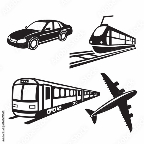 Black silhouettes of car train and airplane icons sedan