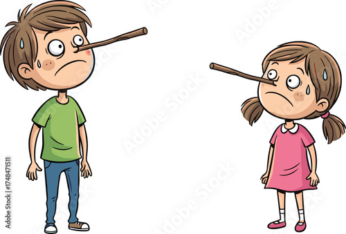 Children with long noses, Pinocchio concept, lying illustration, dishonesty, guilt expression, cartoon humor, childhood lesson, imagination, moral story, playful character design