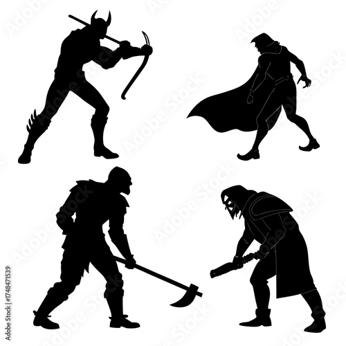 Four black silhouette fantasy characters in action poses