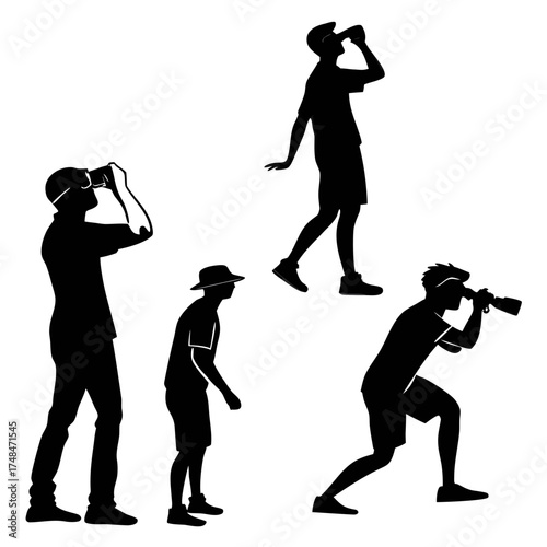 Four black silhouette figures using virtual reality and cameras
