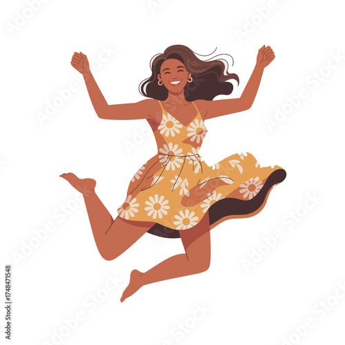 Happy woman wearing floral dress jumping with joy