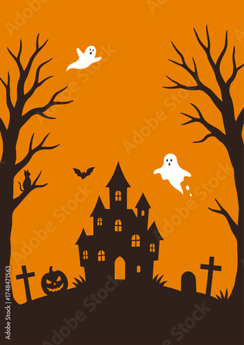 お化け屋敷とおばけのハロウィン背景（オレンジ）