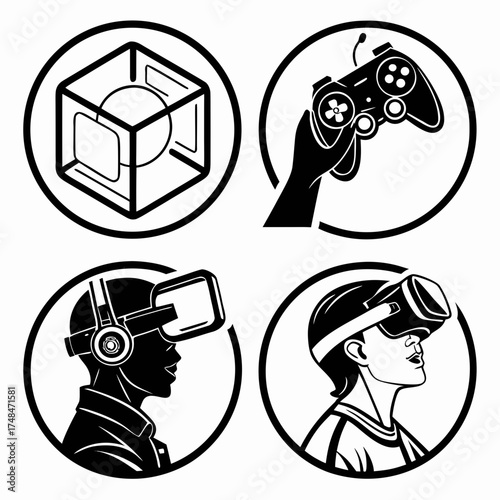 Four black silhouette icons virtual reality gaming and technology
