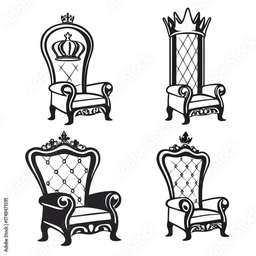 Four black silhouette ornate thrones with crowns royal
