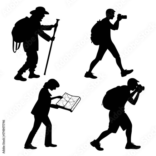 Four black silhouette vector designs of travelers with backpacks 1