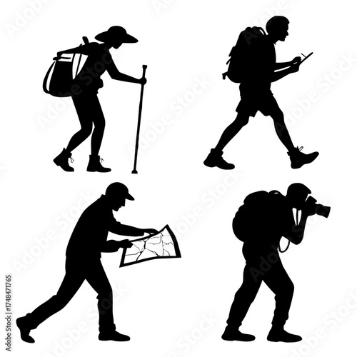 Four black silhouette vector designs of travelers with backpacks