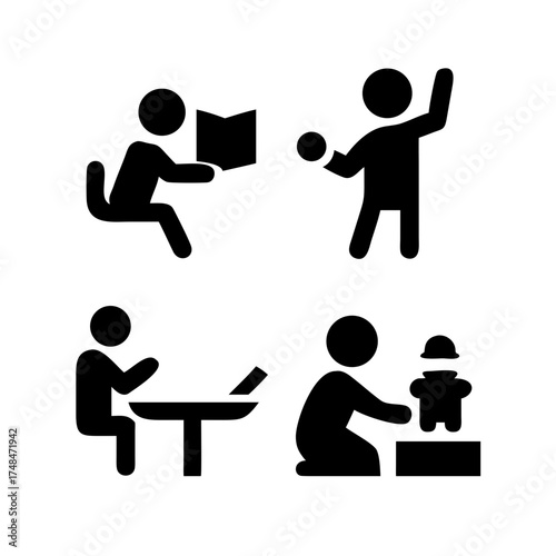 Four black silhouette icons depicting different activities