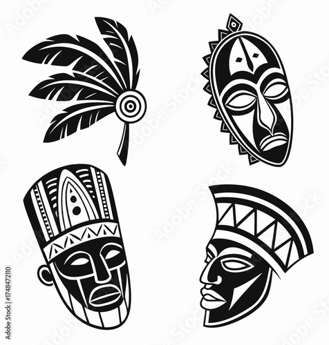 Four black tribal mask designs with feather headdress