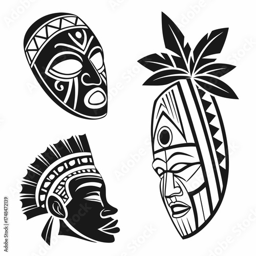 Four black tribal mask vector designs african mask
