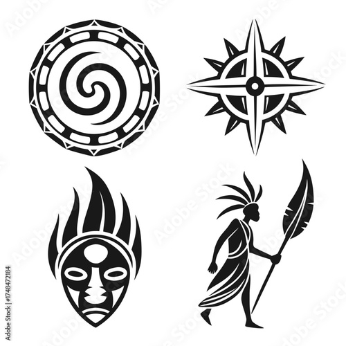 Four black tribal silhouette symbols on white background