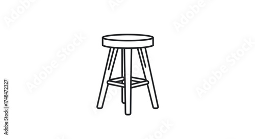 Simple Wooden Stool with Three Legs and Round Seat Line Art.