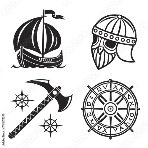 Viking ship helmet axe and compass symbols vector