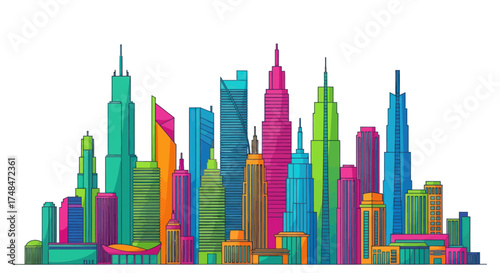 Vibrant Colorful Abstract Cityscape Skyline of Modern Skyscrapers.