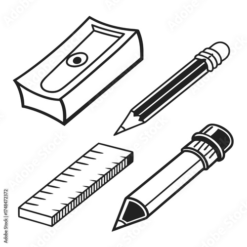 Black silhouette sketch tools isometric view pencil