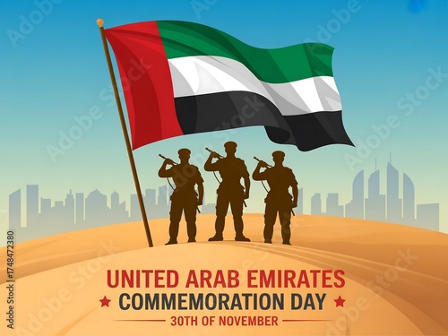 United arab emirates commemoration day with silhouetted soldiers and flag waving over desert landscape