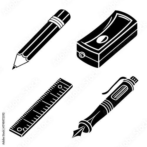 Black silhouette sketch tools on white background pencil