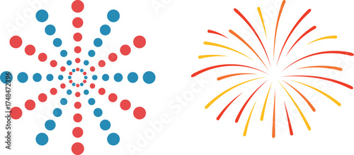 Festive Fireworks and Abstract Dot Burst Designs on White Background