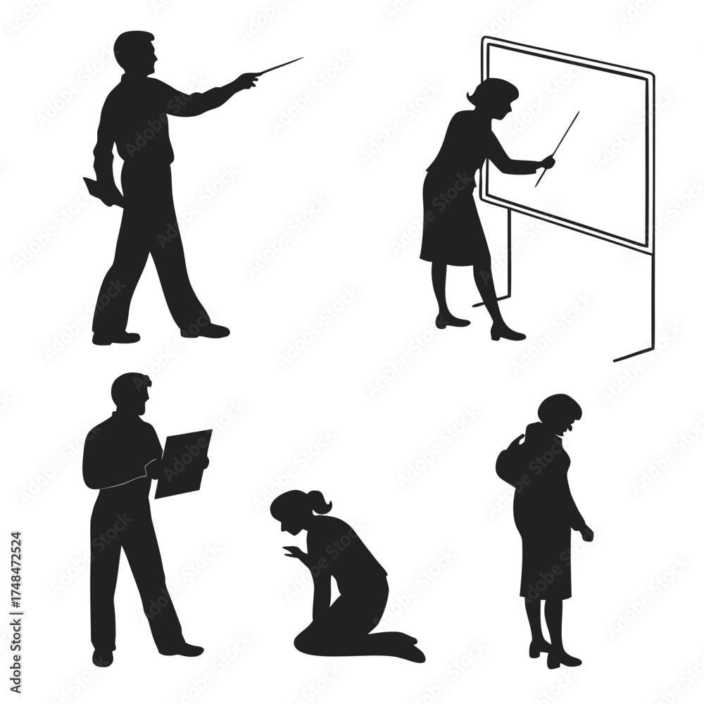 Obraz premium Black silhouettes of teachers in various poses white