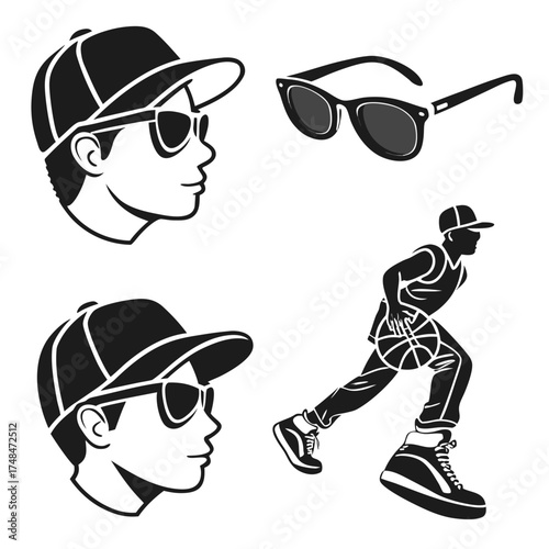 Black silhouette vector designs of sunglasses and basketball player