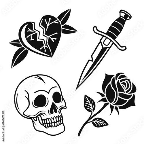 Black silhouette tattoo designs skull broken heart dagger rose