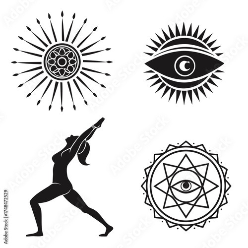 Black silhouette yoga pose and spiritual symbols woman