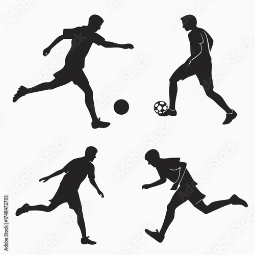Four black silhouette soccer players in action football 1