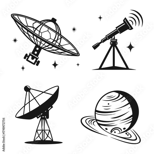 Four black silhouette space research objects and planet