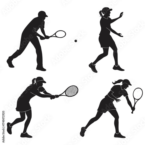 Four black silhouette tennis players in action white