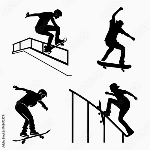 Four black silhouette vector designs of skateboarders performing tricks 1
