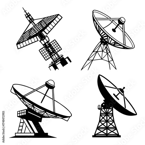 Four black silhouette vector designs of satellite dishes