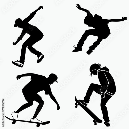 Four black silhouette vector designs of skateboarders performing tricks 3