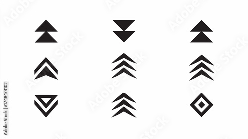 Illustration showing a set of nine black arrow and diamond shapes arranged in a three by three grid layout | editable eps vectors silhouette