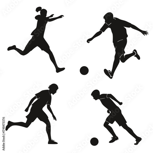 Four black soccer player silhouettes in action with balls