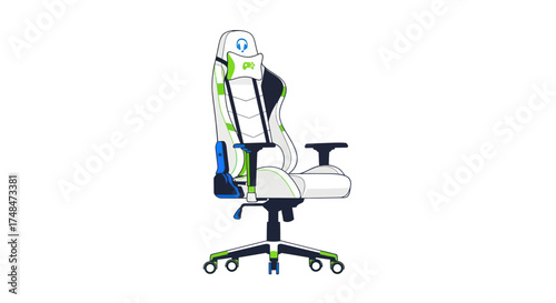 White and Green Gaming Chair with Adjustable Armrests and Lumbar Support.