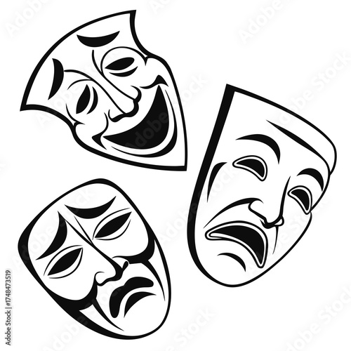 Three black silhouette theater masks comedy tragedy