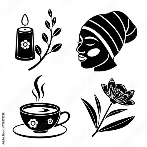 Black silhouette icons of self care elements wellness
