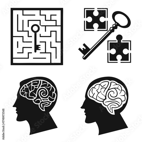 Black silhouette icons maze key puzzle brain profiles