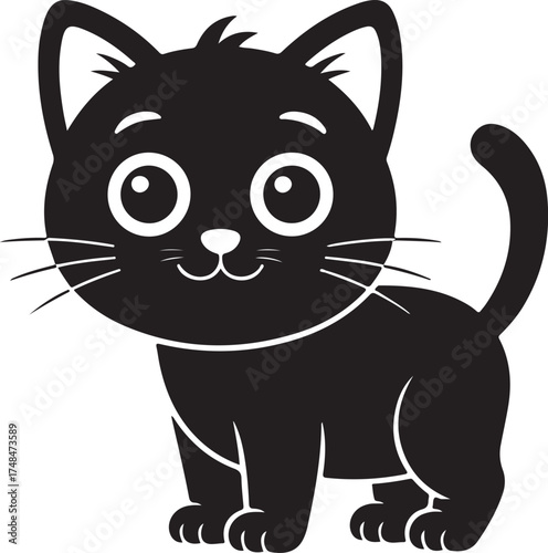 A black and white silhouette illustration of a cute cartoon cat with a friendly expression 