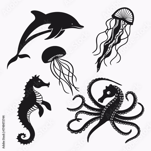 Black silhouettes of dolphin seahorse octopus jellyfish